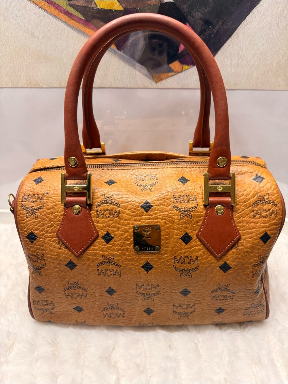 MCM-Medium Boston Bag Brown Monogram Leather